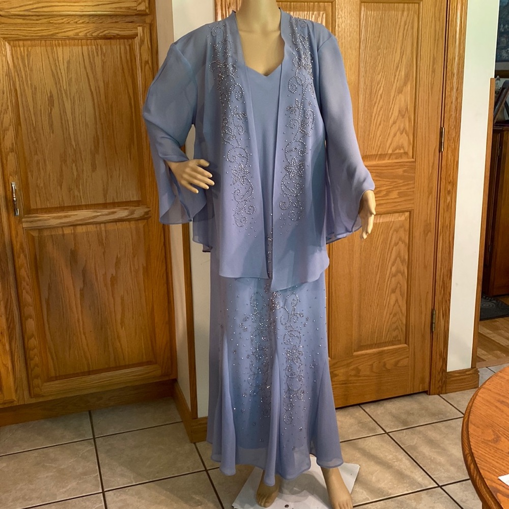 R&M Richards Woman -  purple  v neck, full length dress with  over coat